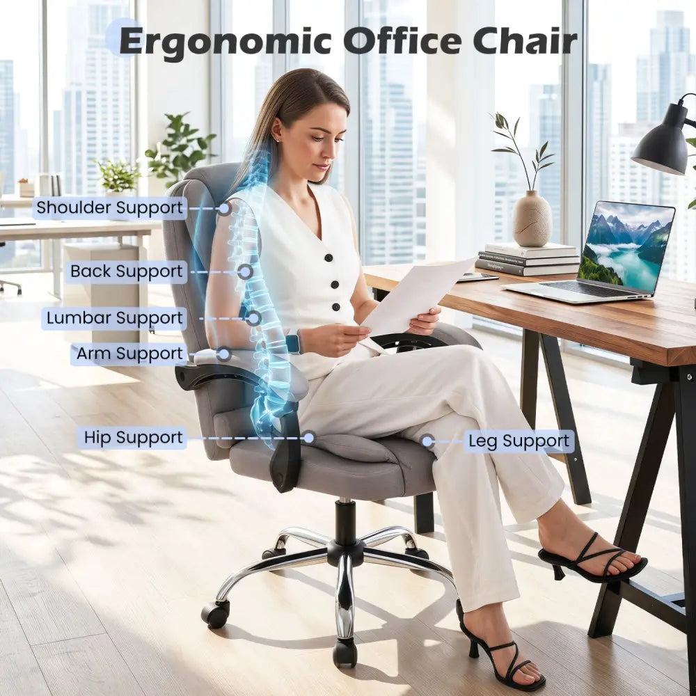 Big High Back Executive Chair with Linkage Armrests and Leather Padded Seat for Office-Gray - Gray - Big and Tall Chairs