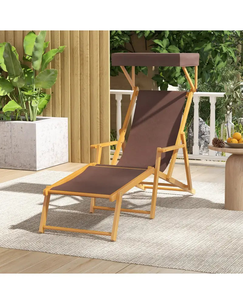 Birch Wood Chaise Lounge Chair Foldable Beach Chair with Adjustable Canopy-Brown - Brown - Outdoor Chaise Lounges