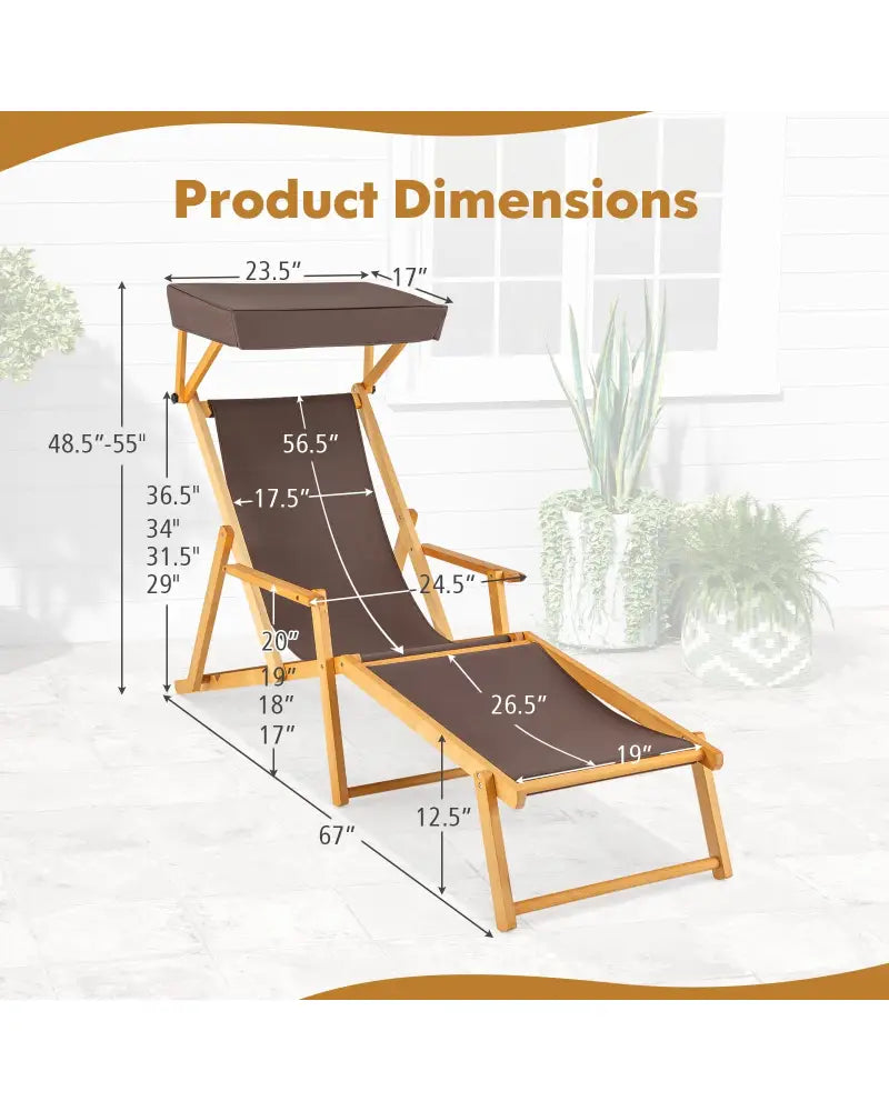Birch Wood Chaise Lounge Chair Foldable Beach Chair with Adjustable Canopy-Brown - Brown - Outdoor Chaise Lounges
