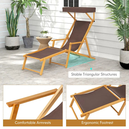 Birch Wood Chaise Lounge Chair Foldable Beach Chair with Adjustable Canopy-Brown - Brown - Outdoor Chaise Lounges