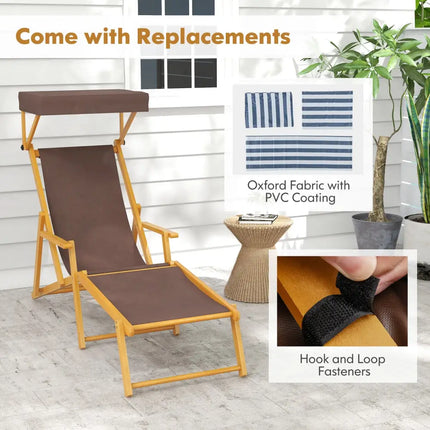 Birch Wood Chaise Lounge Chair Foldable Beach Chair with Adjustable Canopy-Brown - Brown - Outdoor Chaise Lounges