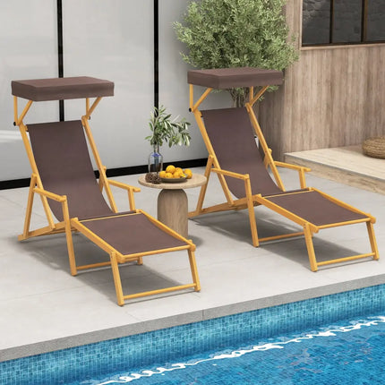 Birch Wood Chaise Lounge Chair Foldable Beach Chair with Adjustable Canopy-Brown - Brown - Outdoor Chaise Lounges