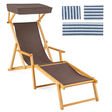 Birch Wood Chaise Lounge Chair Foldable Beach Chair with Adjustable Canopy-Brown - Brown - Outdoor Chaise Lounges