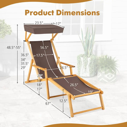 Birch Wood Chaise Lounge Chair Foldable Beach Chair with Adjustable Canopy-Brown - Brown - Outdoor Chaise Lounges
