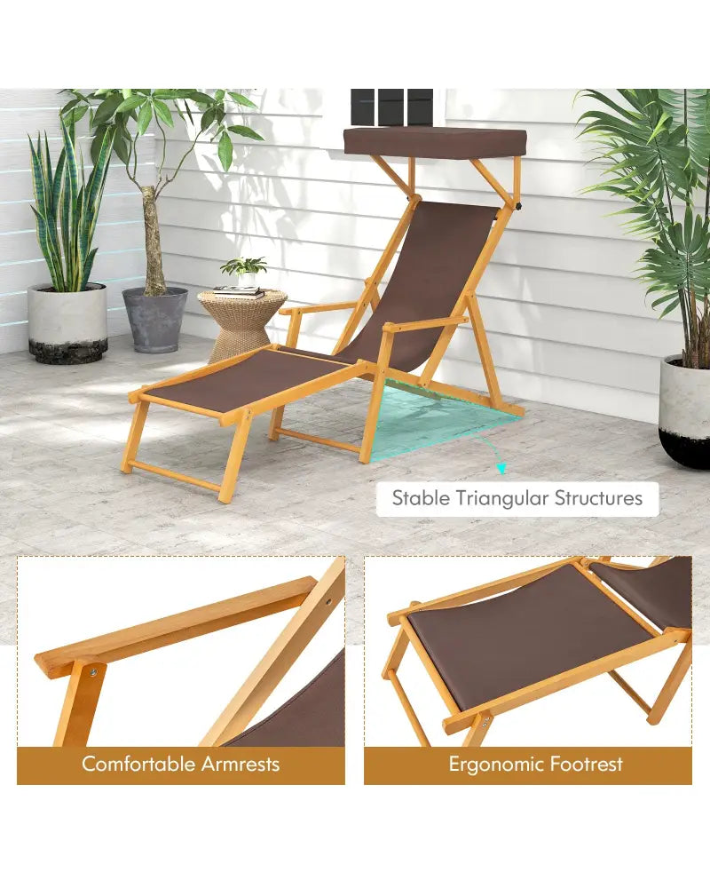 Birch Wood Chaise Lounge Chair Foldable Beach Chair with Adjustable Canopy-Brown - Brown - Outdoor Chaise Lounges