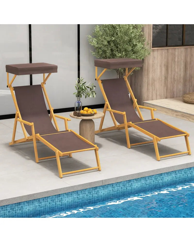 Birch Wood Chaise Lounge Chair Foldable Beach Chair with Adjustable Canopy-Brown - Brown - Outdoor Chaise Lounges