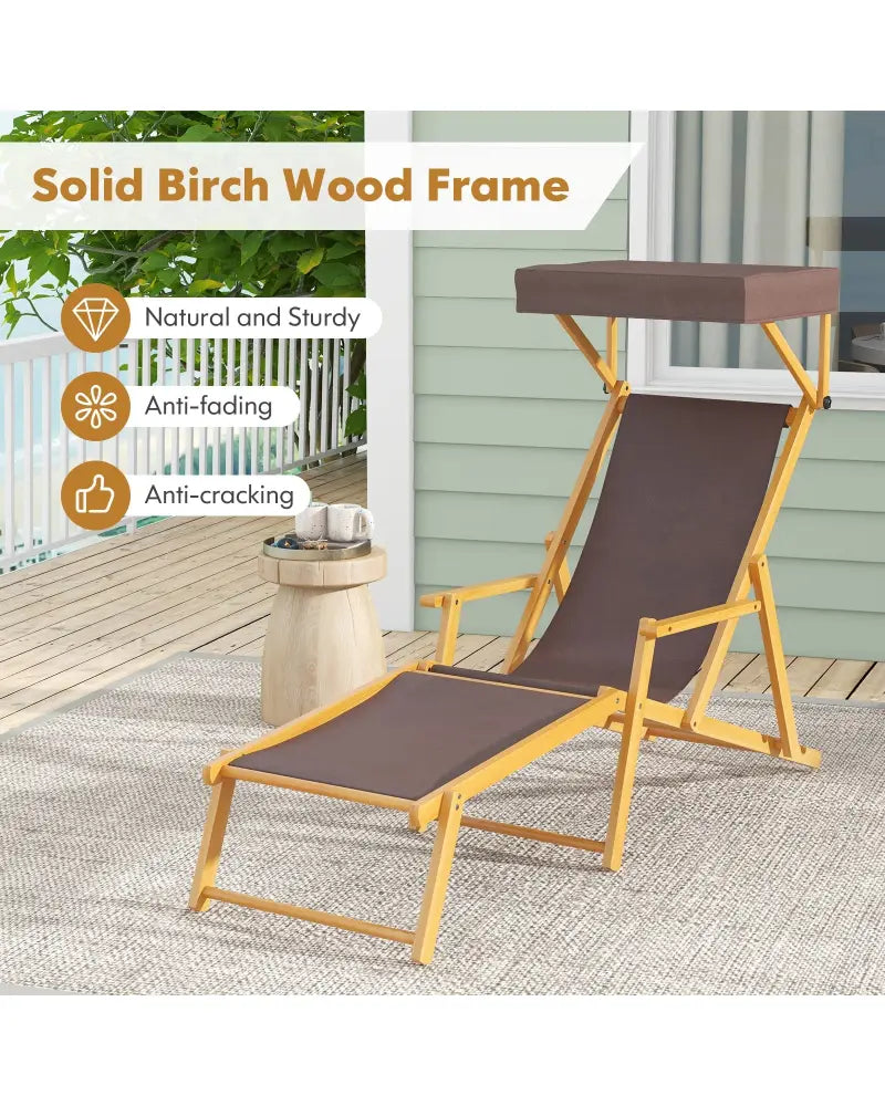 Birch Wood Chaise Lounge Chair Foldable Beach Chair with Adjustable Canopy-Brown - Brown - Outdoor Chaise Lounges