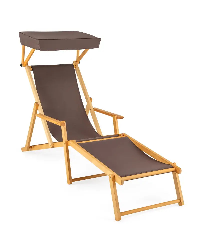 Birch Wood Chaise Lounge Chair Foldable Beach Chair with Adjustable Canopy-Brown - Brown - Outdoor Chaise Lounges