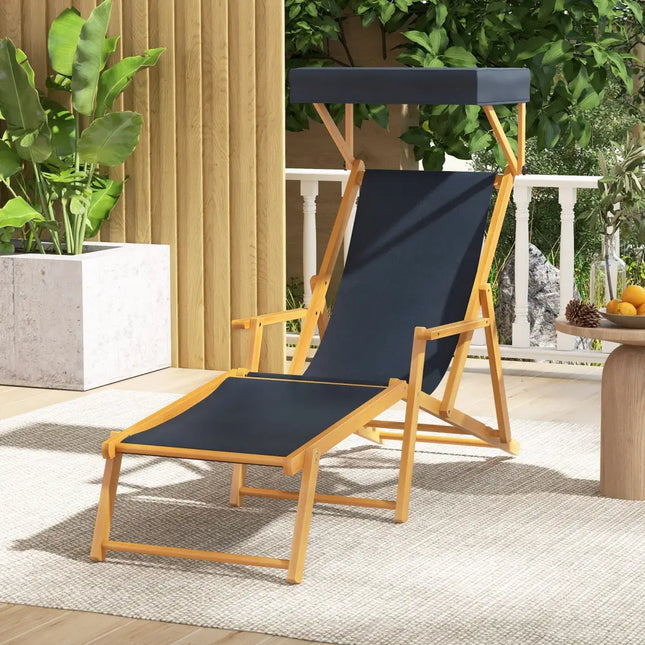 Birch Wood Chaise Lounge Chair Foldable Beach Chair with Adjustable Canopy-Navy - Navy - Outdoor Chaise Lounges