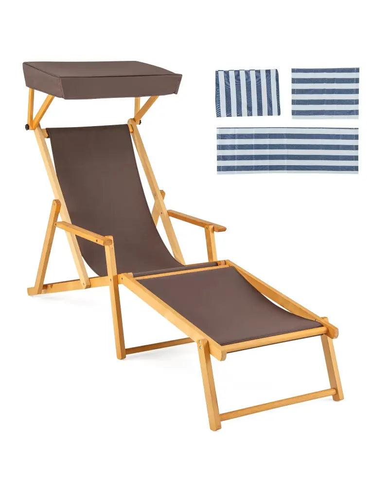 Birch Wood Chaise Lounge Chair Foldable Beach Chair with Adjustable Canopy-Brown - Brown - Outdoor Chaise Lounges