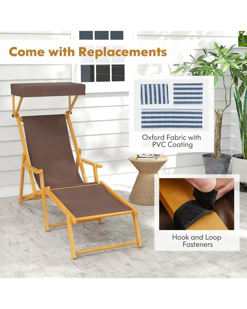 Birch Wood Chaise Lounge Chair Foldable Beach Chair with Adjustable Canopy-Brown - Brown - Outdoor Chaise Lounges