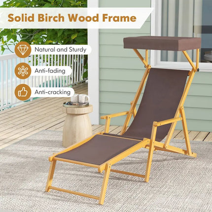 Birch Wood Chaise Lounge Chair Foldable Beach Chair with Adjustable Canopy-Brown - Brown - Outdoor Chaise Lounges