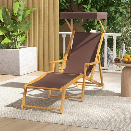 Birch Wood Chaise Lounge Chair Foldable Beach Chair with Adjustable Canopy-Brown - Brown - Outdoor Chaise Lounges
