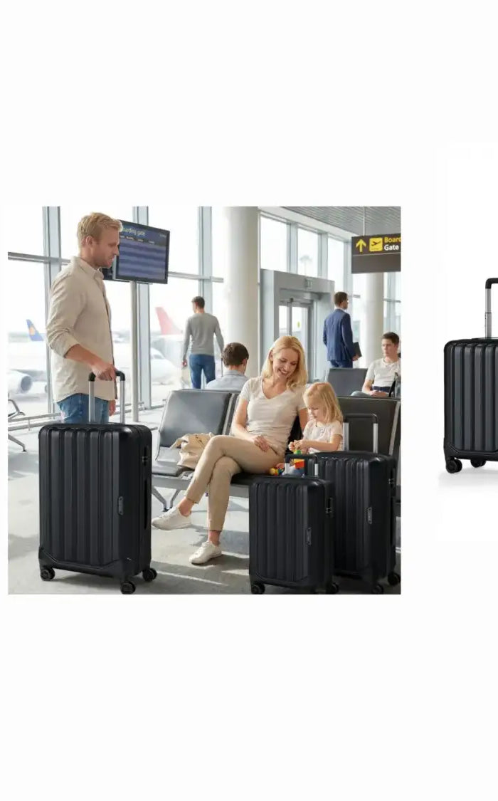 Black hard-shell suitcases with vertical ribbed design and four-wheel bases.