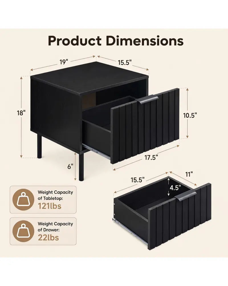 Black Modern Nightstand with Vertical-Striped Storage Drawer-Black - Black - Nightstands