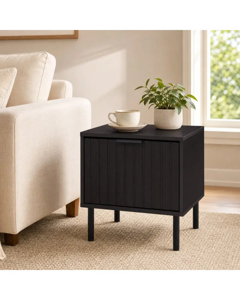 Black Modern Nightstand with Vertical-Striped Storage Drawer-Black - Black - Nightstands