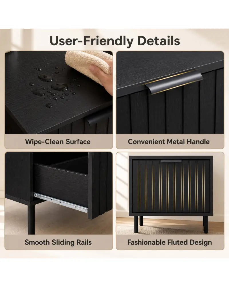 Black Modern Nightstand with Vertical-Striped Storage Drawer-Black - Black - Nightstands