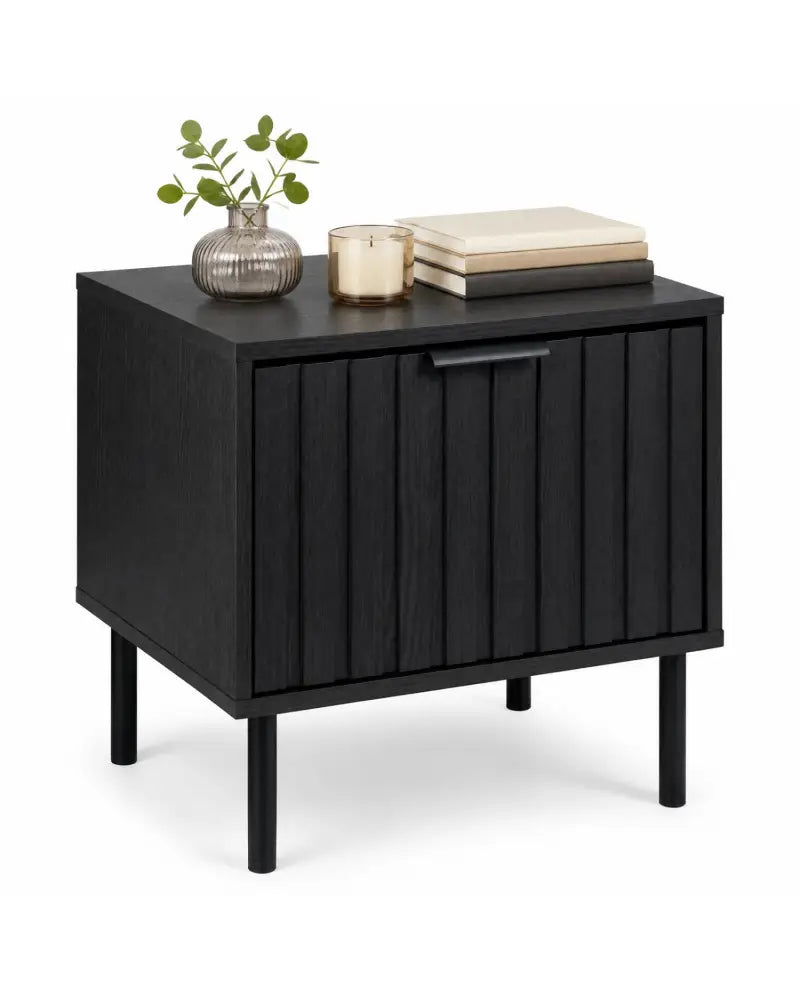 Black Modern Nightstand with Vertical-Striped Storage Drawer-Black - Black - Nightstands