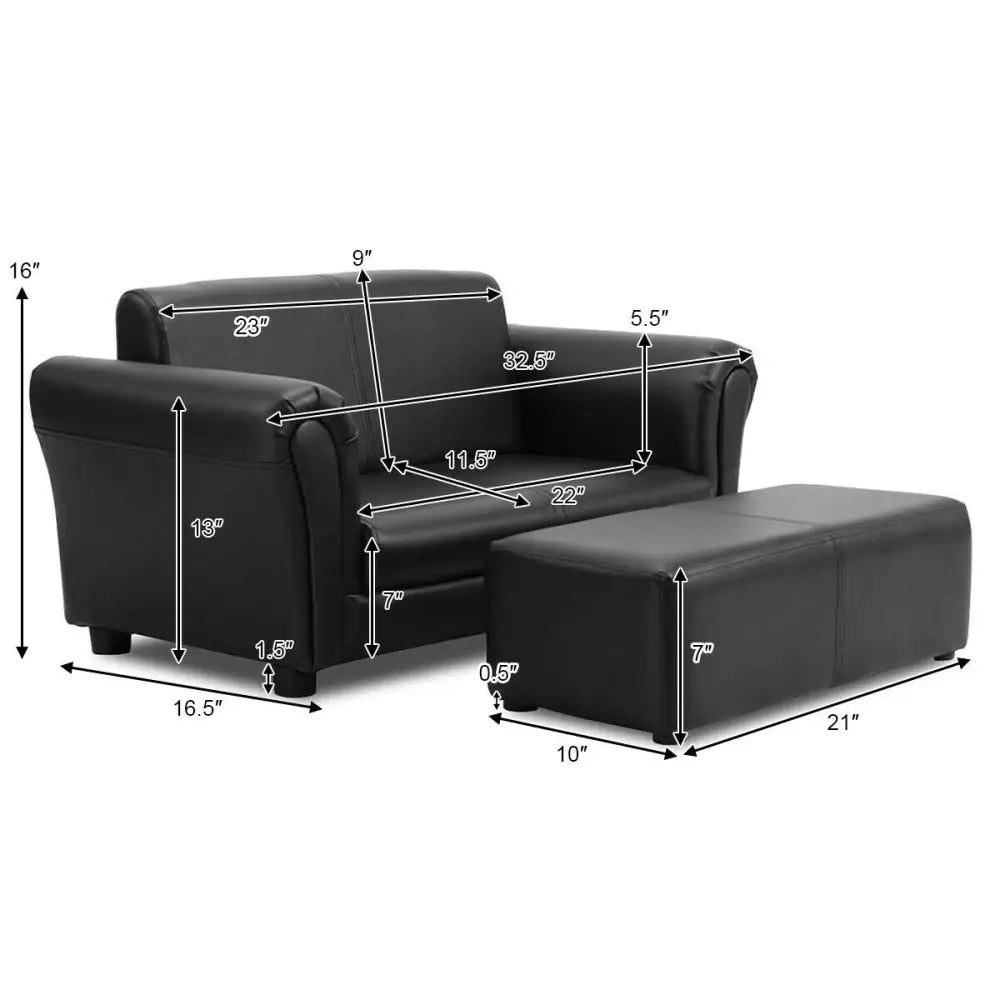 Black/White Kids Double Sofa with Ottoman-Black - Black - Kids Chairs & Seating