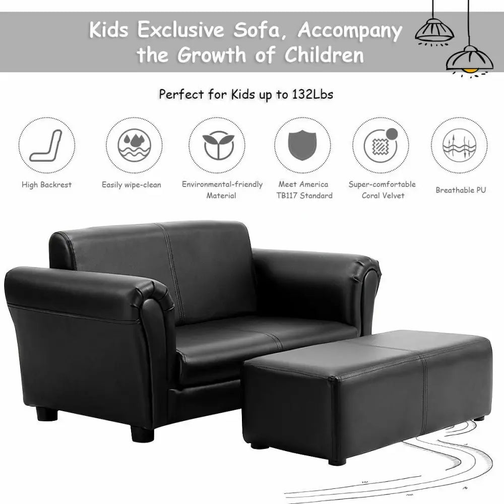 Black/White Kids Double Sofa with Ottoman-Black - Black - Kids Chairs & Seating