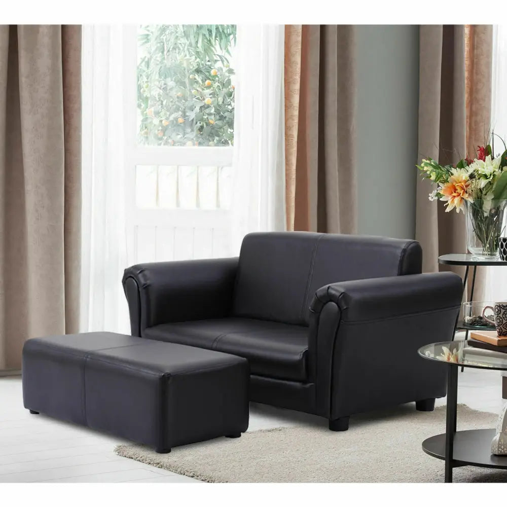 Black/White Kids Double Sofa with Ottoman-Black - Black - Kids Chairs & Seating