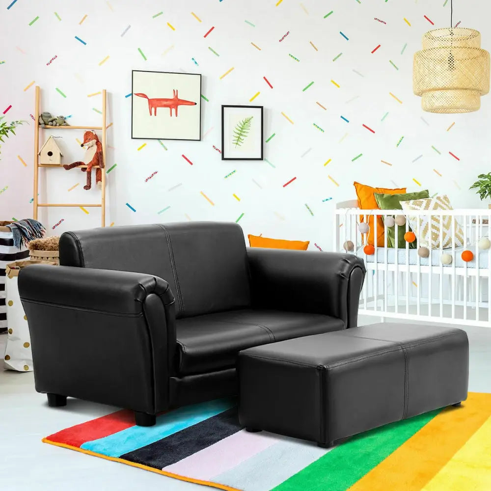 Black/White Kids Double Sofa with Ottoman-Black - Black - Kids Chairs & Seating