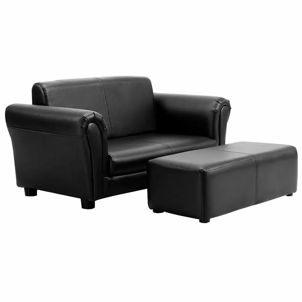 Black/White Kids Double Sofa with Ottoman-Black - Black - Kids Chairs & Seating