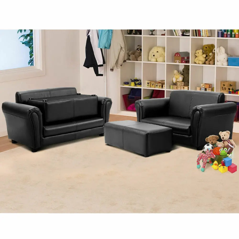 Black/White Kids Double Sofa with Ottoman-Black - Black - Kids Chairs & Seating