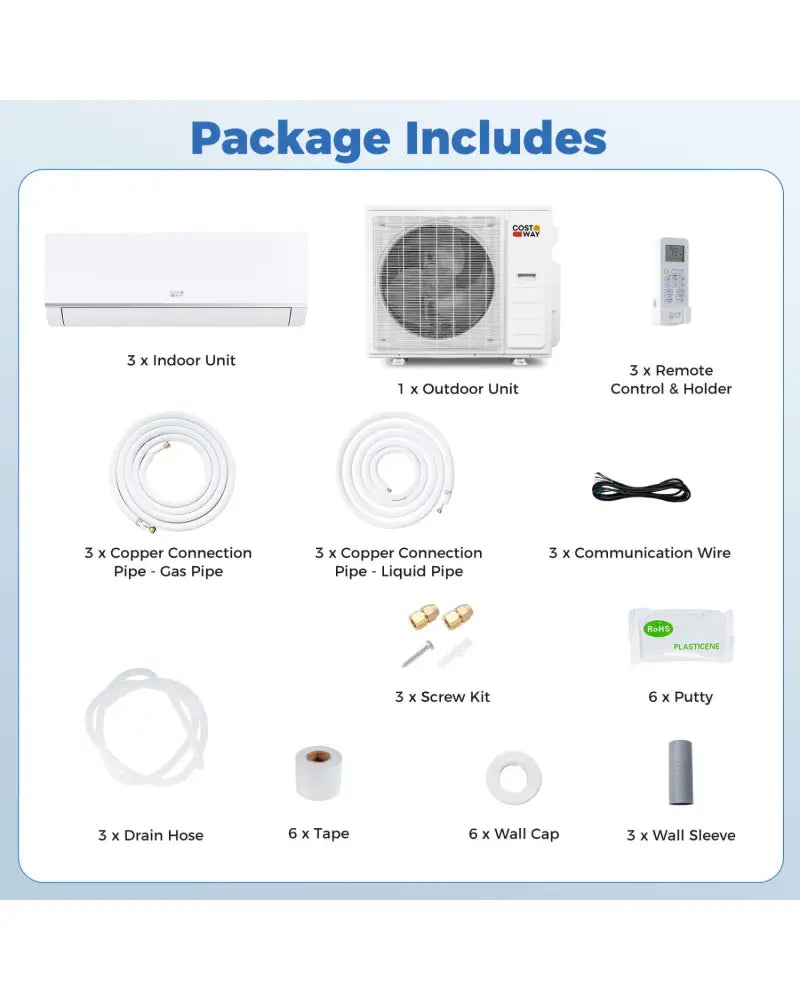 Blast Pro 38000 BTU 3 Zone 20 SEER2 Mini Split AC with Heat Pump 9K + 12K + 18K - 3 Zone Mini Split