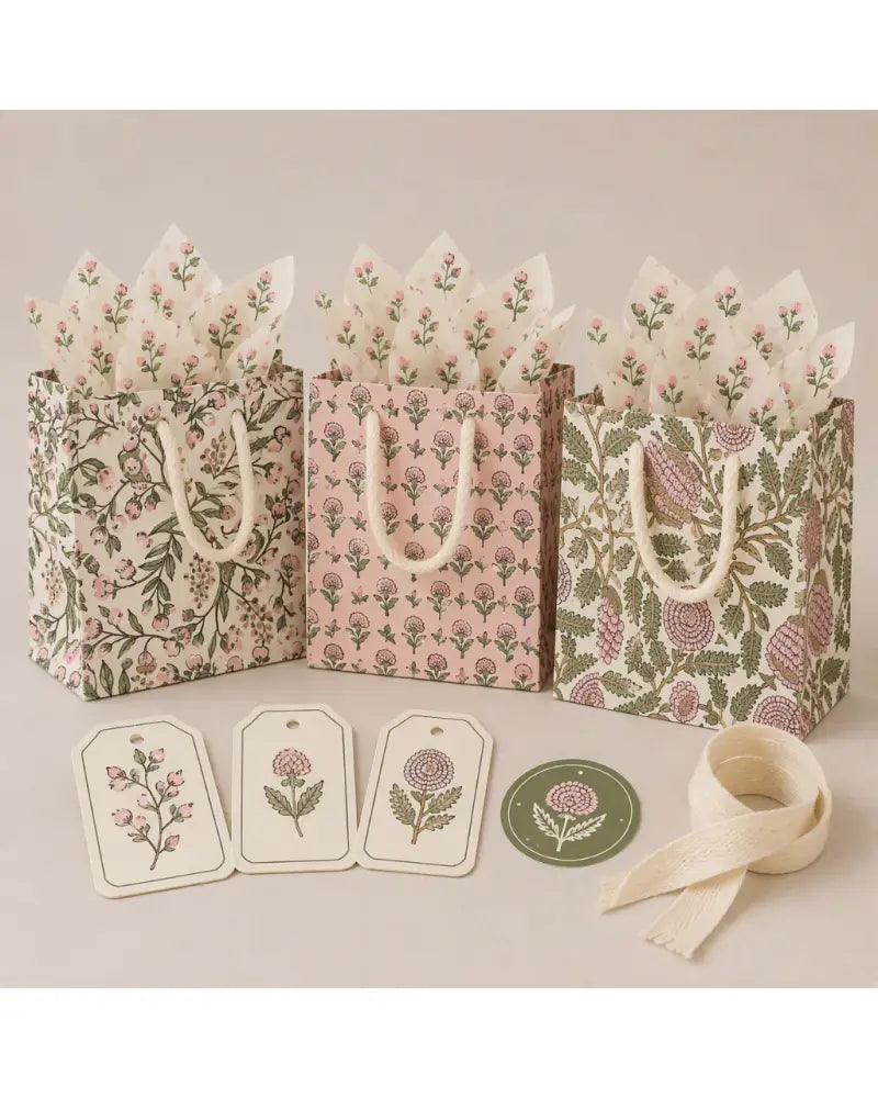 Three floral paper gift bags with cream rope handles are arranged on a light beige background, each filled with matching tissue paper. Three decorative paper tags and a round sticker are placed in front, along with a cream ribbon.