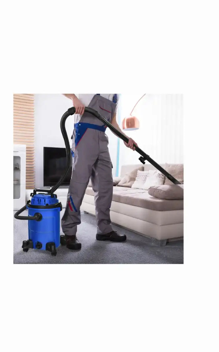 Blue cylindrical canister vacuum cleaner with black hose and attachments