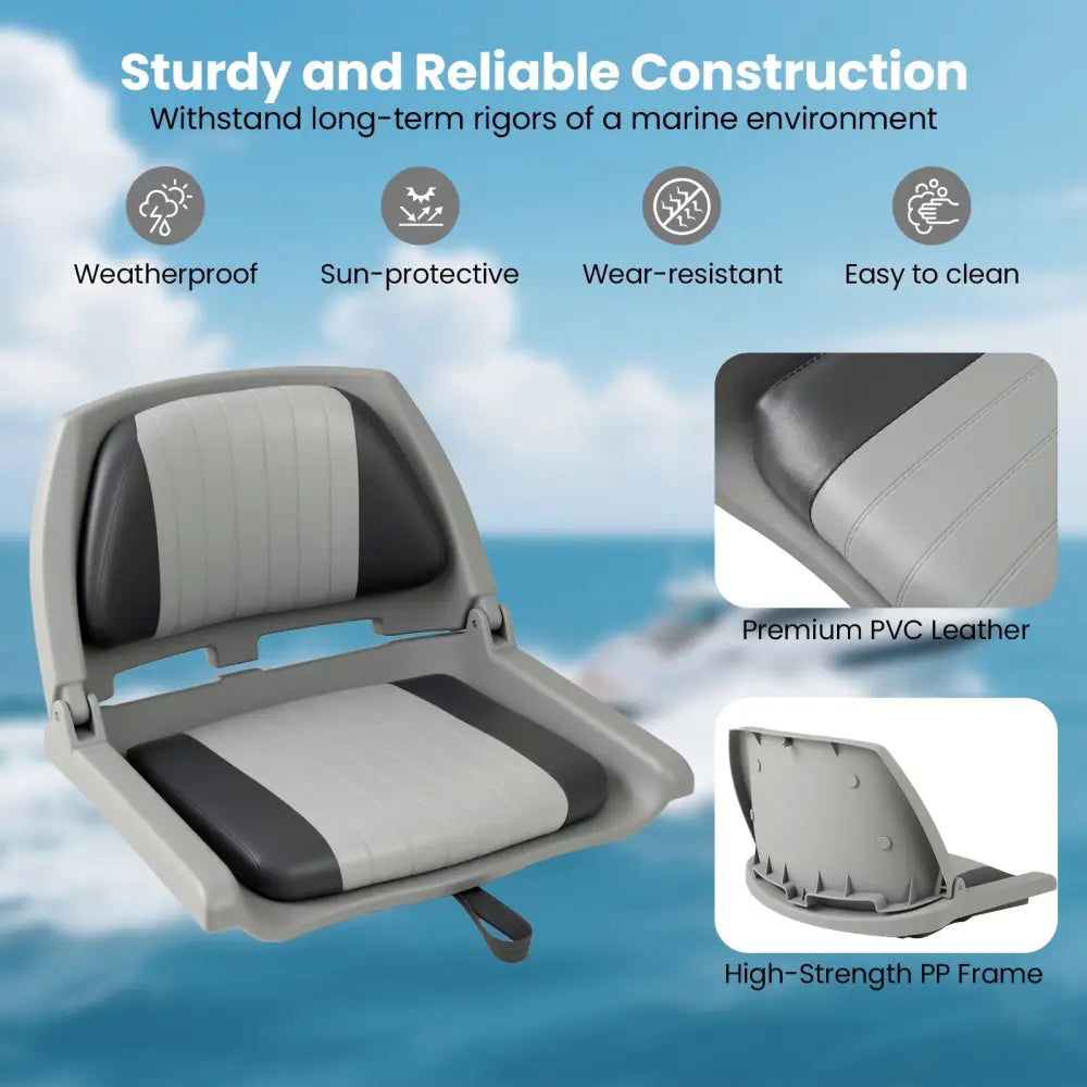 Boat Seat Folding Low Back Boat Chair with Marine-Grade PVC-Gray - Gray - Water Sports