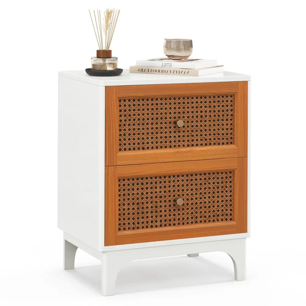 Boho Accent Table Nightstand with 2 Handwoven Rattan Decorated Drawers-White - White - Nightstands