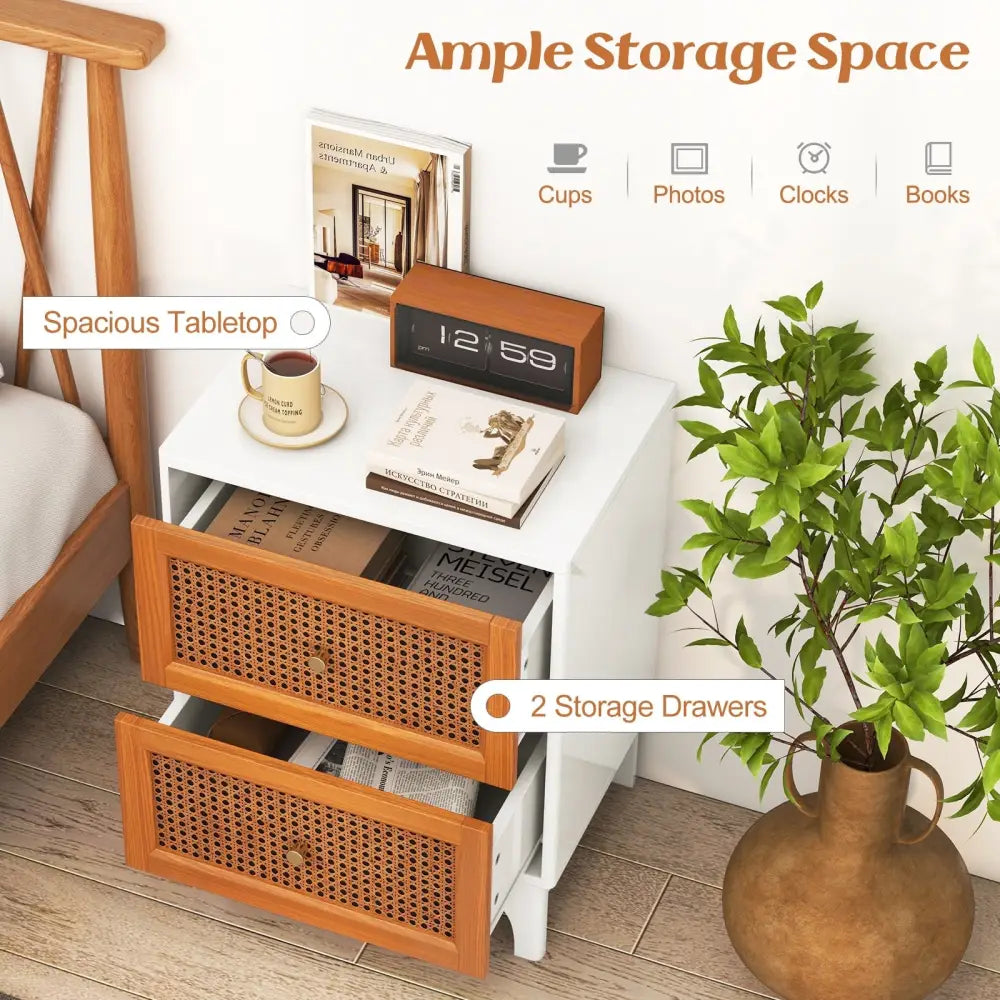Boho Accent Table Nightstand with 2 Handwoven Rattan Decorated Drawers-White - White - Nightstands