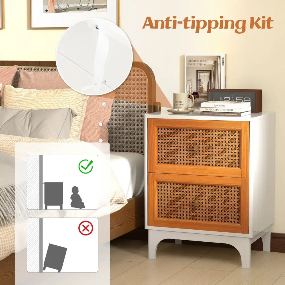 Boho Accent Table Nightstand with 2 Handwoven Rattan Decorated Drawers-White - White - Nightstands