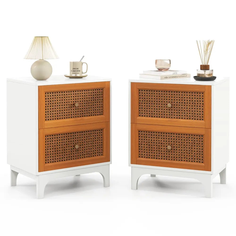 Boho Accent Table Nightstand with 2 Handwoven Rattan Decorated Drawers-White - White - Nightstands
