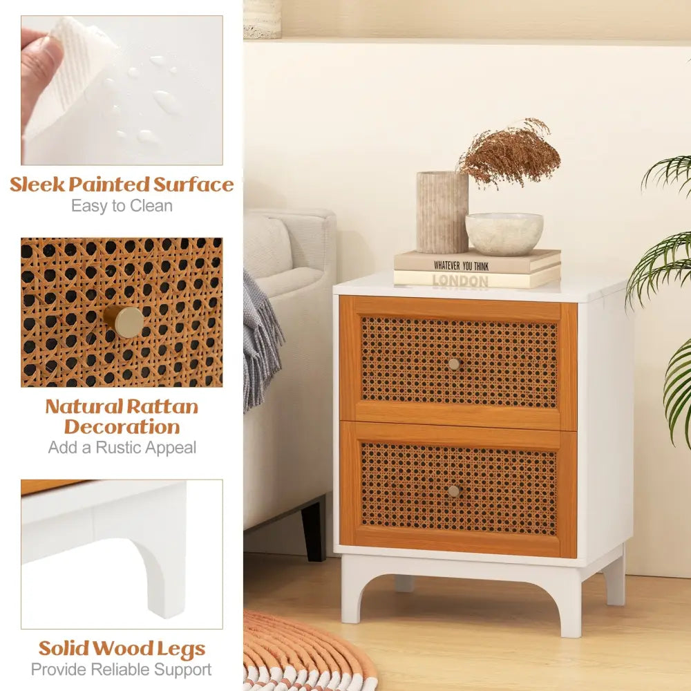 Boho Accent Table Nightstand with 2 Handwoven Rattan Decorated Drawers-White - White - Nightstands