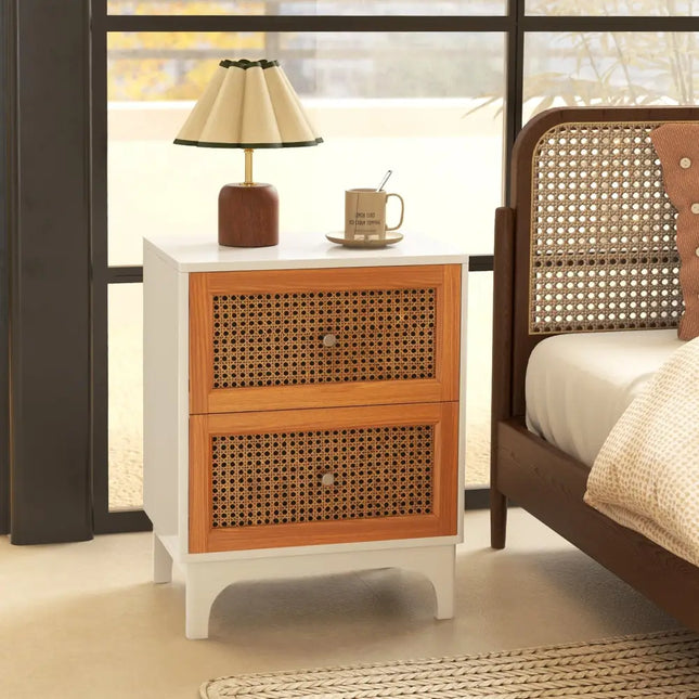 Boho Accent Table Nightstand with 2 Handwoven Rattan Decorated Drawers-White - White - Nightstands