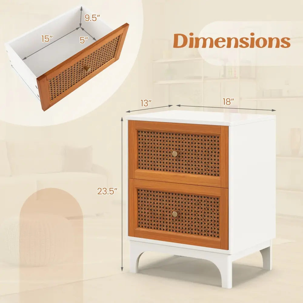 Boho Accent Table Nightstand with 2 Handwoven Rattan Decorated Drawers-White - White - Nightstands