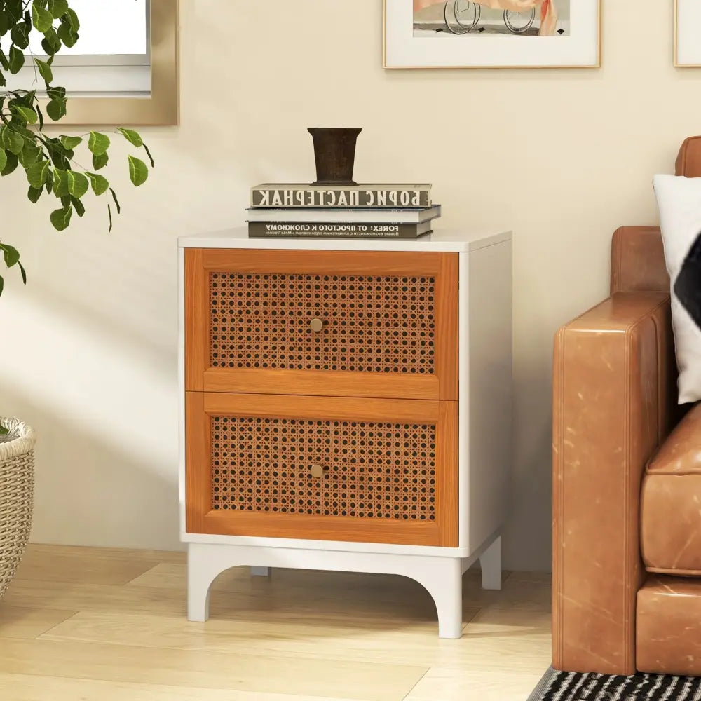 Boho Accent Table Nightstand with 2 Handwoven Rattan Decorated Drawers-White - White - Nightstands