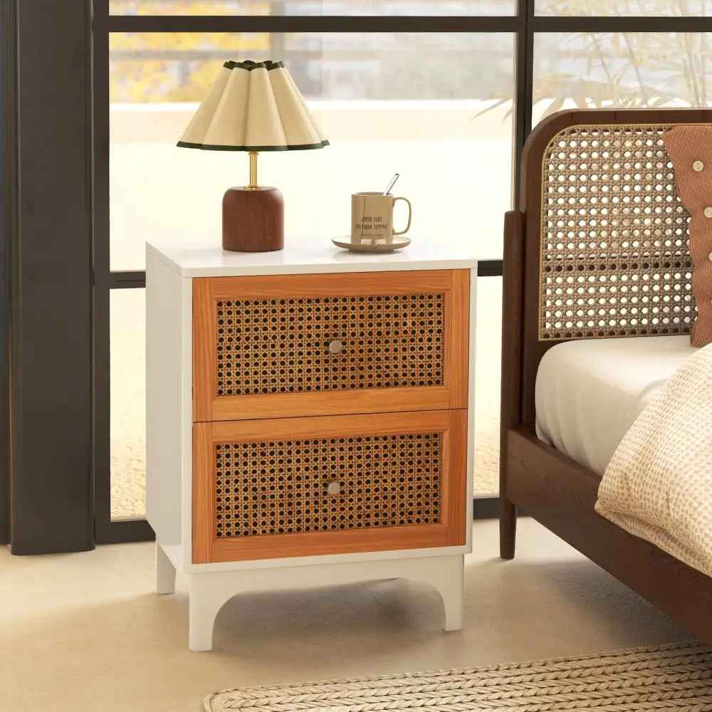 Boho Accent Table Nightstand with 2 Handwoven Rattan Decorated Drawers-White - White - Nightstands