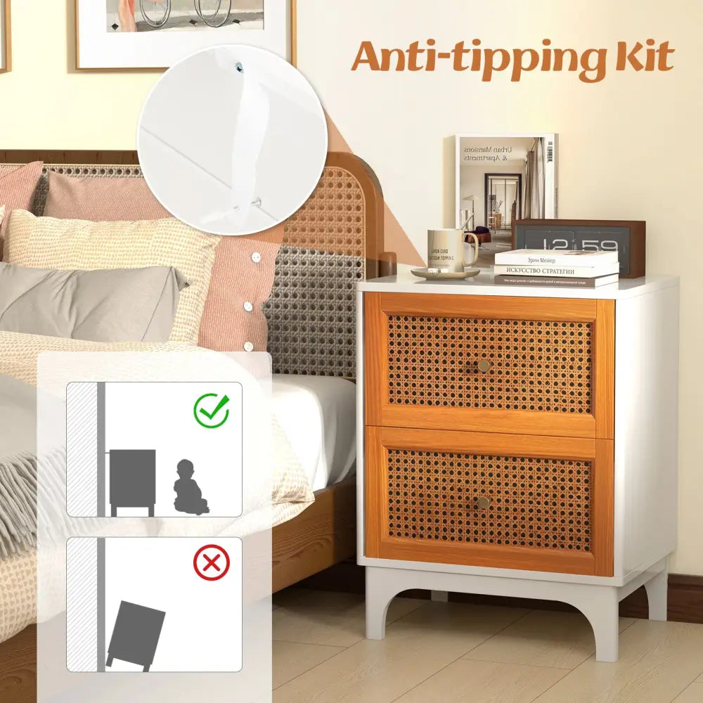 Boho Accent Table Nightstand with 2 Handwoven Rattan Decorated Drawers-White - White - Nightstands