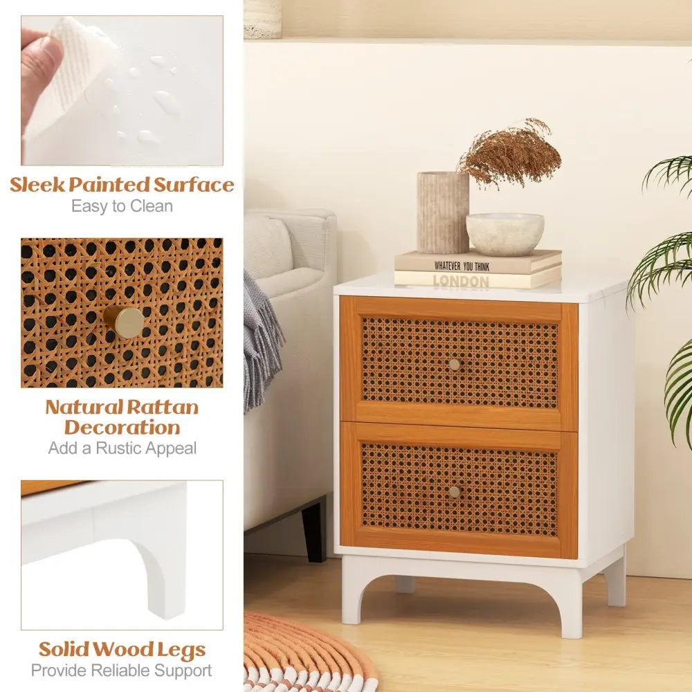 Boho Accent Table Nightstand with 2 Handwoven Rattan Decorated Drawers-White - White - Nightstands