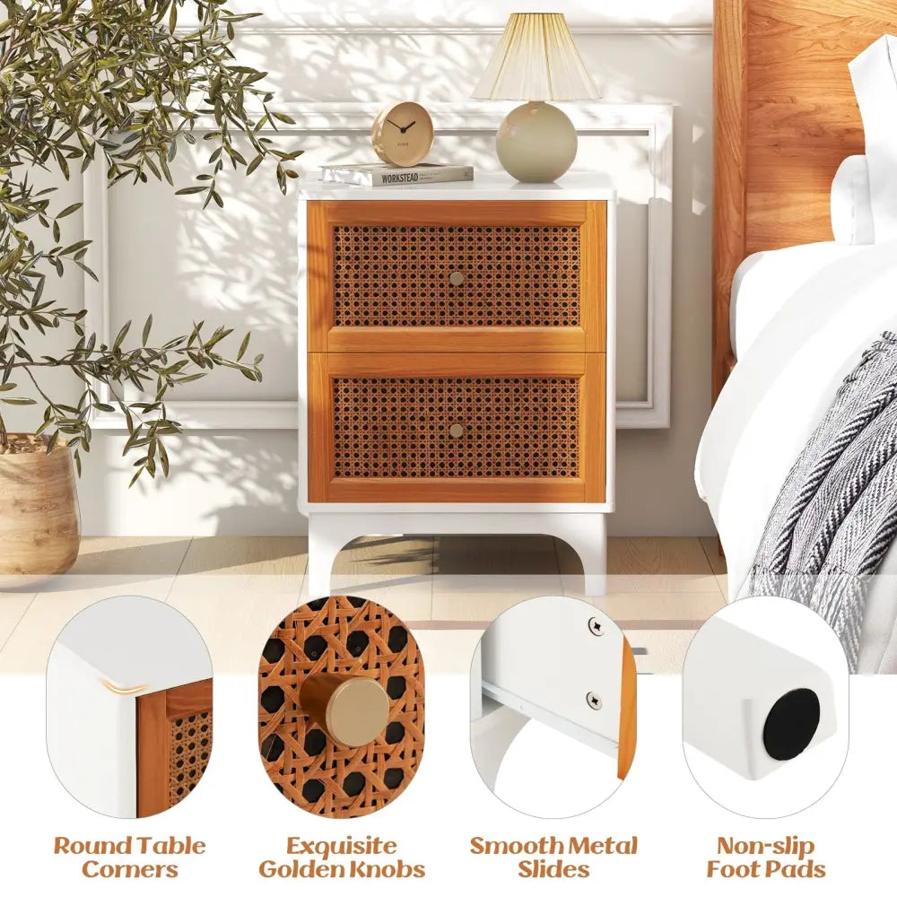 Boho Accent Table Nightstand with 2 Handwoven Rattan Decorated Drawers-White - White - Nightstands