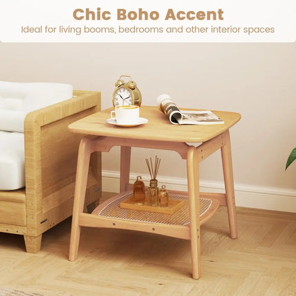 Boho Bamboo Sofa Side Table with Faux Rattan Storage Shelf-Natural - Natural - End & Side Tables