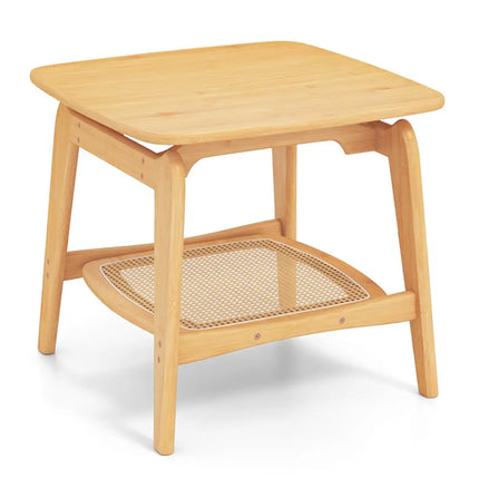 Boho Bamboo Sofa Side Table with Faux Rattan Storage Shelf-Natural - Natural - End & Side Tables