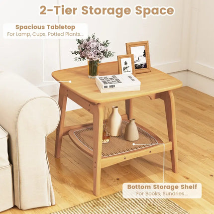 Boho Bamboo Sofa Side Table with Faux Rattan Storage Shelf-Natural - Natural - End & Side Tables