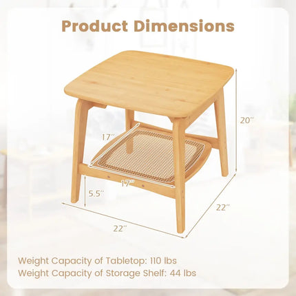 Boho Bamboo Sofa Side Table with Faux Rattan Storage Shelf-Natural - Natural - End & Side Tables