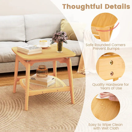 Boho Bamboo Sofa Side Table with Faux Rattan Storage Shelf-Natural - Natural - End & Side Tables