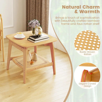 Boho Bamboo Sofa Side Table with Faux Rattan Storage Shelf-Natural - Natural - End & Side Tables